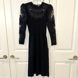 PAT SANDLER for Wellmore Vintage Black Knit Lace Long Sleeve Sweater Dress | 8